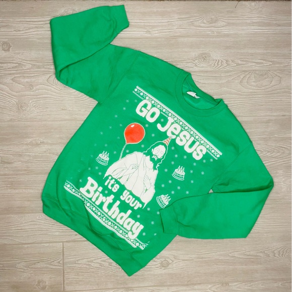 Gildan green funny religious “ go Jesus it’s your birthday “ long sleeve sweater - Picture 1 of 7